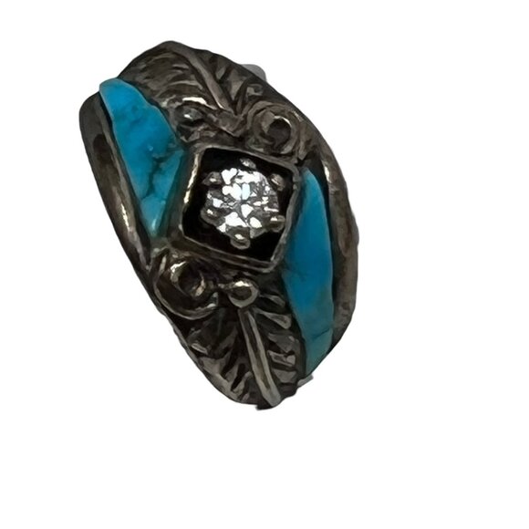 Southwestern‎ Ring 925 Sterling Silver Turquoise Clear Stone Size 8 1/2 - Picture 1 of 8